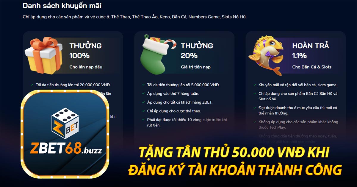 Tặng tân thủ 50.000 VNĐ khi đăng ký tài khoản thành công